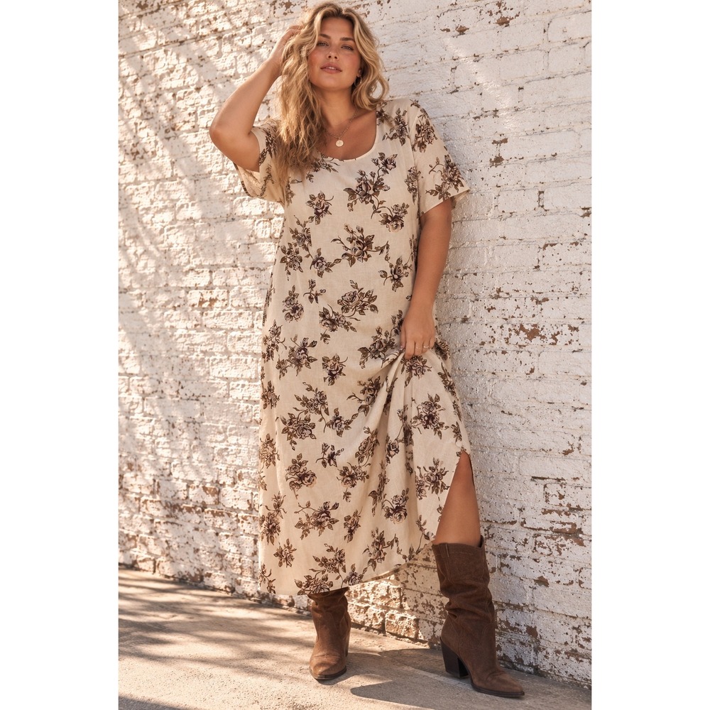Jessica London Cream Linen Floral Shift Dress Cottagecore Plus Size 22W